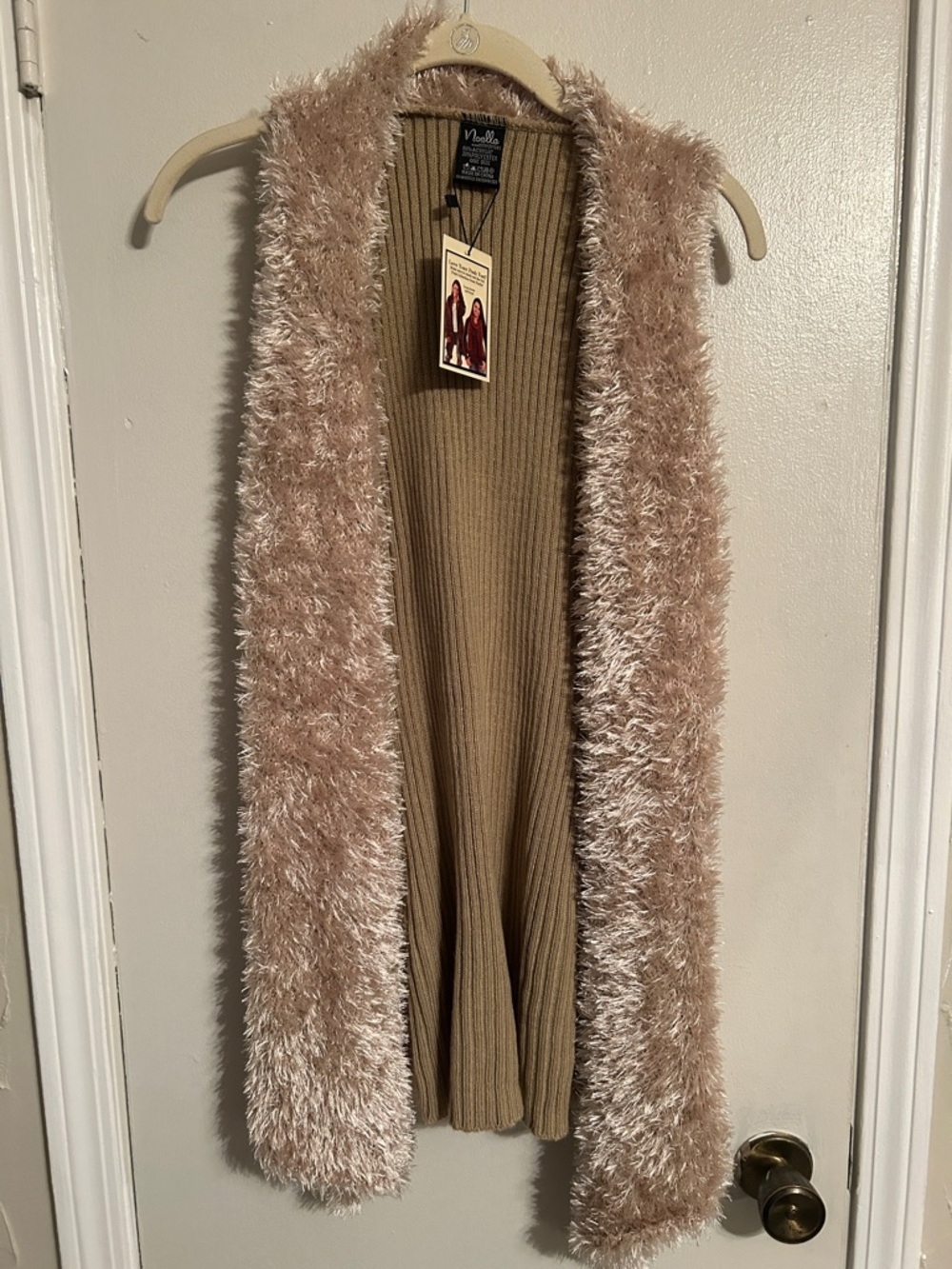 Noelle Faux Fur Trim Knit Vest in Beige and Taupe
